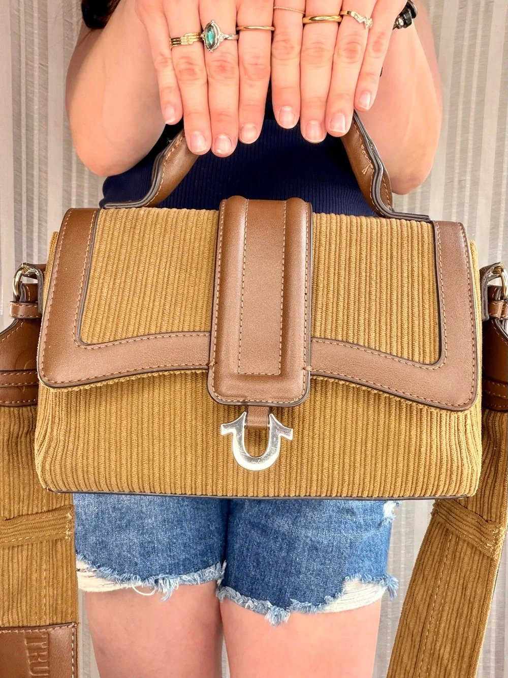 True Religion Brown Corduroy Horseshoe Flap Bag